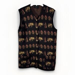 Vintage Norwegian Black Wool Sweater Vest Farm Animals Size XL - VITABELLA